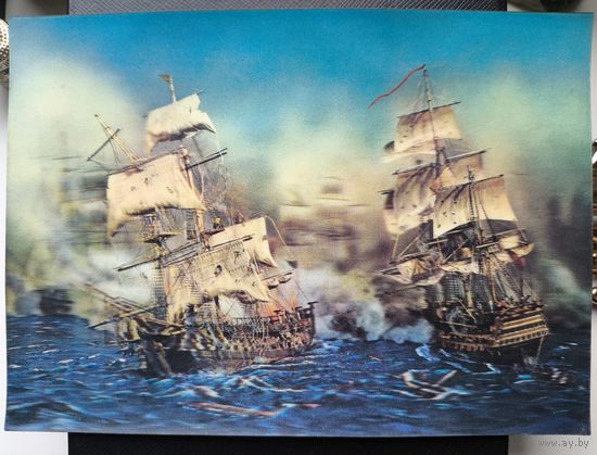 Японская стерео открытка.Сражения на море.