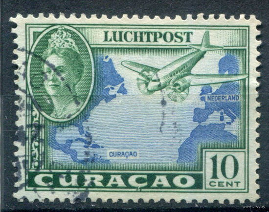 Нидерландские колонии - Кюрасао - 1942г. - ландшафты, авиация, королева Вильгельмина, авиапочта, 10 с - 1 марка - гашёная [Mi 183]. #3-WB-73-A-1