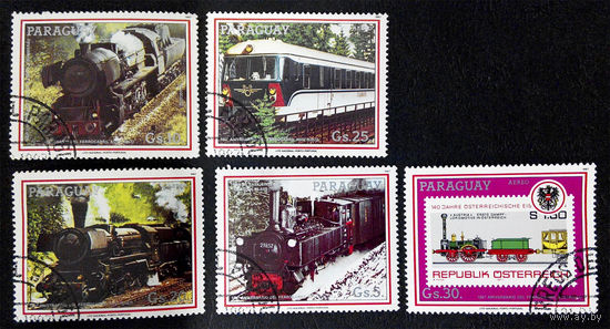 Парагвай 1988 г. Локомотивы. Паровозы. Железная дорога. AirMail, полная серия из 5 марок #0061-Т1P15