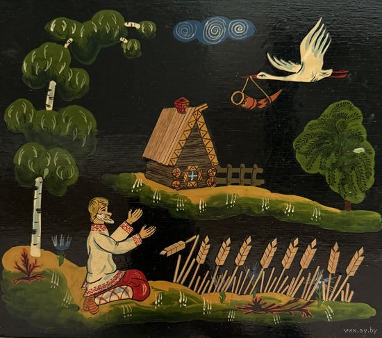 Живописное лаковое панно в стиле Палех ручная роспись СССР