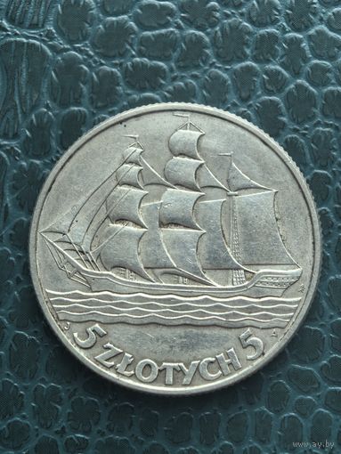 5 злотых 1936 кораблик Гдыня монета в блеске