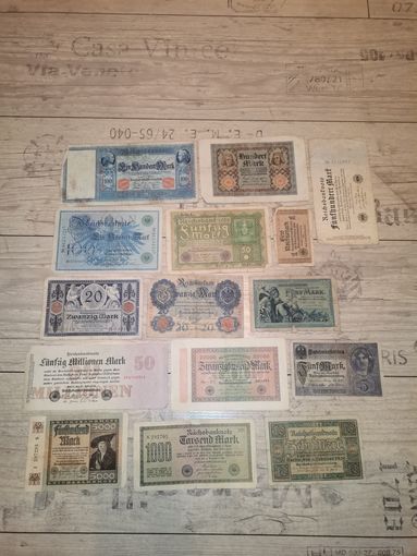 Банкноты Германии, 15 штук, состояние разное.