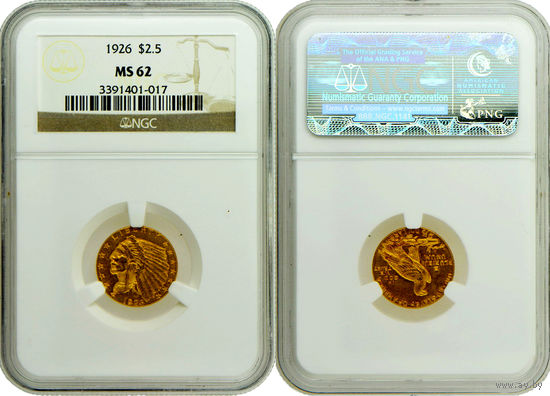2,5 доллара 1926 г. Голова индейца. США. NGC MS 62. Золото. КМ# 128