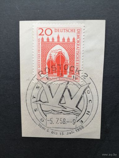 ГДР 1958 Марка на вырезке "Строительство морского порта в Ростоке" (спецгашение) Mi.634 каталог 0.70 евро