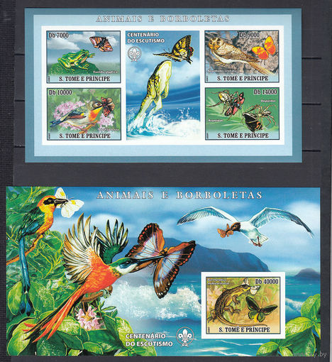 Фауна. Бабочки и птицы. Сан-Томе и Принсипе. 2007. 1 малый лист и 1 блок б/з. Michel N 3004-3043, бл589-598 (23.0 е)