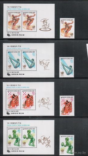 Корея Южная-1987,(Мих.1516-1519,Бл.528-531) **, Спорт, ОИ-1988 в Сеуле, (полная серия)