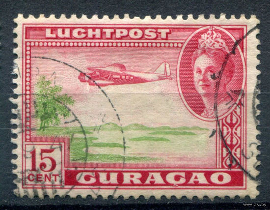 Нидерландские колонии - Кюрасао - 1942г. - ландшафты, авиация, королева Вильгельмина, авиапочта, 15 с - 1 марка - гашёная [Mi 184]. #3-WB-73-A-1