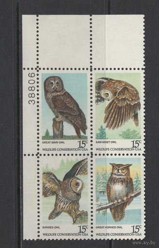 Фауна Птицы США /USA 1978** Хищные птицы Совы Квартблок Mi#1358-1361
