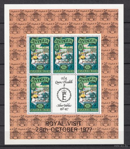6. BrKS. Великобритания. Колонии. Антигуа. Серебряный юбилей Елизаветы II. Надпечатка. Королевский визит 28 октября 1977 г. 30C. Mi.#474C. Малый лист. MNH. (Формат - 17 см. Х 14,5 см.).