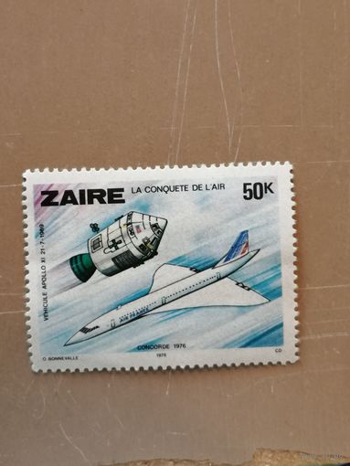 Марка Заир (ДР Конго), 1978 год, авиация, космонавтика,  станция Аполлон и самолет Конкорд