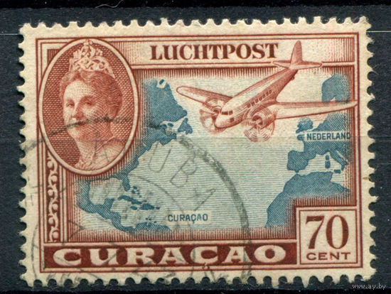 Нидерландские колонии - Кюрасао - 1942г. - ландшафты, авиация, королева Вильгельмина, авиапочта, печать Аруба, 70 с - 1 марка - гашёная [Mi 193]. #3-WB-73-A-1