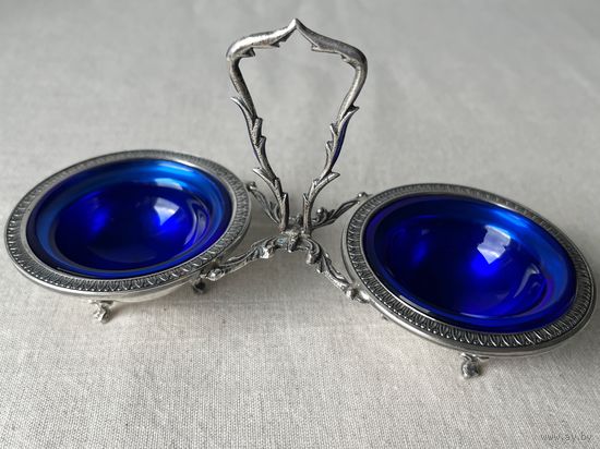 Солонка Серебро цветное стекло антикварная кобальт клеймо 9х16см