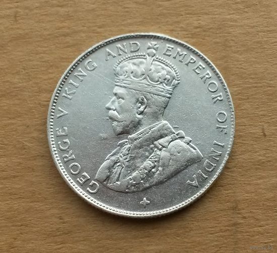 Стрейтс-Сетлментс, 50 центов 1920 г., серебро 0.500, нюанс по гурту (фото)