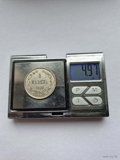 1 марка Россия для Финляндии 1907 года. Серебро 868. Монета не чищена. П45672.