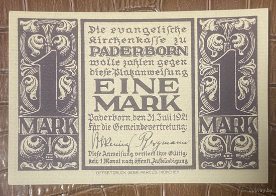 Нотгельд 1 марка 1921 год. Падерборн. Веймарская республика