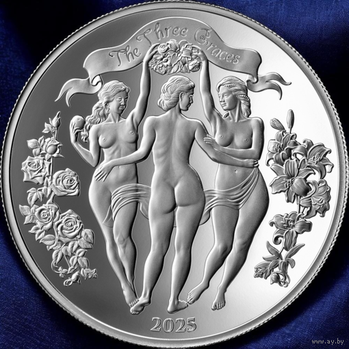 Камерун 1000 франков 2025г. "Три Грации". PROOF. Монета в капсуле; подарочном футляре; сертификат; обложка; подставка. СЕРЕБРО 31,10гр.(1 oz).