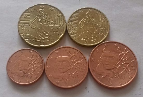 Набор евро монет Франция 2018 г. (1, 2, 5, 10, 20 евроцентов)