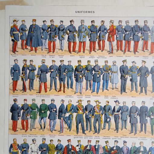 УНИФОРМА .  Энциклопедическая гравюра. нач.20в.  ХРОМОЛИТОГРАФИЯ 32х24см.       Франция.