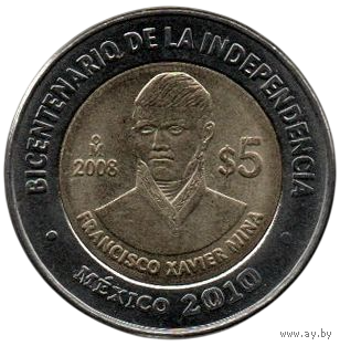 МЕКСИКАНСКИЕ СОЕДИНЁННЫЕ ШТАТЫ. 5 ПЕСО 2008. Франсиско Хавьер Мина. Двухсотлетие независимости. БИМЕТАЛЛ