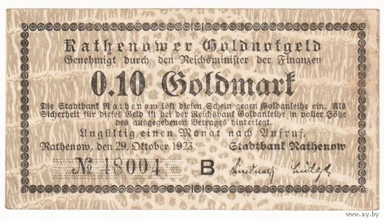 Германия Ратенов 0,1 золотой марки 1923 года. Состояние XF-