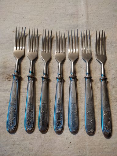 Вилки СССР, столовые, агитация, нерж., з-д им. Кирова, комплект 6 шт.( +1 шт. - в подарок ). См. описание.