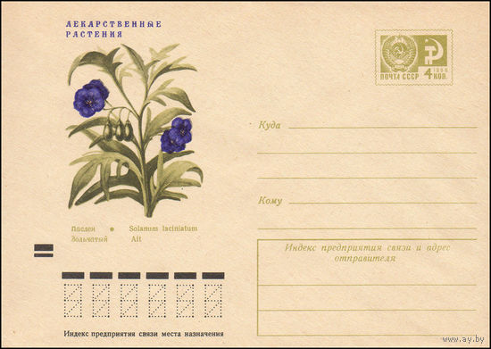 Художественный маркированный конверт СССР N 8049 (01.02.1972) Лекарственные растения  Паслен дольчатый