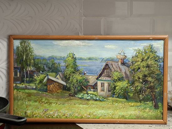 "Слободка, аисты на крыше" живопись маслом