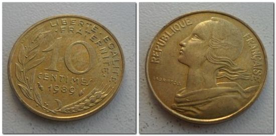 10 сантим Франция 1989 год, KM# 929, 10 CENTIMES, из мешка