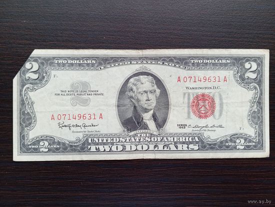 США 2 $ красная печать 1963 (обрезан угол)