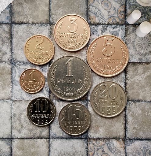 Сборный лот монет СССР 1989 года (всего 8 штук, включая рубль).