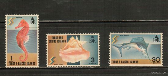 Тёркс и Кайкос-1971(Мих.274-277) , **  ,  Морская  Фауна , Раковины, Рыбы