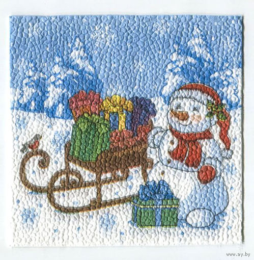 Салфетка для декупажа 24 см. С новым годом! Снеговичок, сани, подарки.