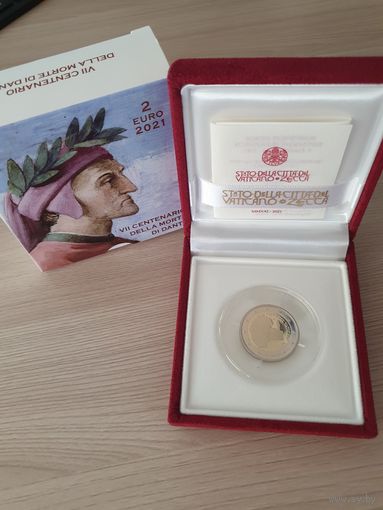 Ватикан 2 евро 2021 PROOF юбилейная 700 лет со дня смерти Данте Алигьери