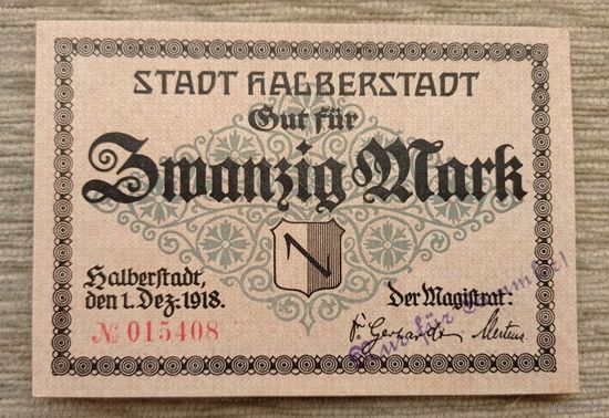 Werty71 Германия 20 марок 1918 аUNC банкнота Хальберштадт