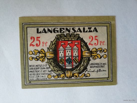 Германия, нотгельды, 1921 год, город Лангенсальца, 25 пфенигов.