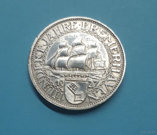 Германия. 3 рейхсмарки. 1927 год. Веймар. Бремерхафен. Корабль. Отличная! Серебро