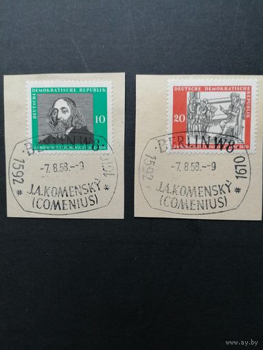 ГДР 1958 Полная серия марок на вырезках "К 300-летию со дня рождения Яна Коменского, отца дидактики-науки о том, как учить людей и как люди учатся" (спецгашение) Mi.643-644 каталог 2.50 евро