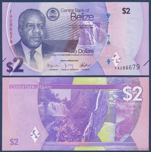 Белиз, 2 доллара 2025 г, P-W73 (FA, политик Филип Голдсон), UNC