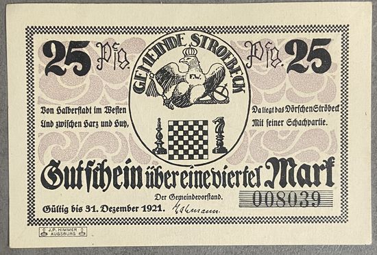 Нотгельд 25 пфеннигов 1921 год. Штрёбек,. Веймарская республика