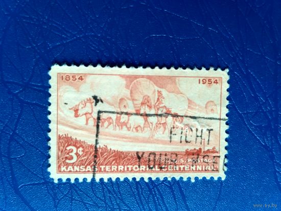 Марка США. 100 лет территории Канзаса. Лошади, быки.  1954 (3)