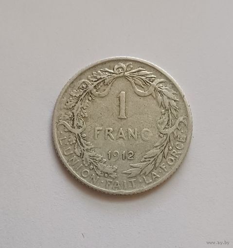 1 франк. 1912 г . 835пр., Бельгия.Король Альберт I .Не чищена.
