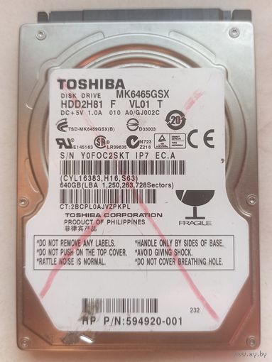 НЕИСПРАВНЫЙ HDD Toshiba 640 Гб. 2,5". SATA. Винчестер, жесткий диск