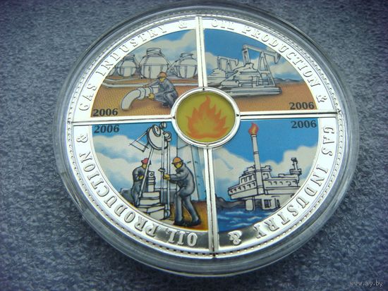 2 доллара 2006. Острова Кука. Монета-пазл 4Х50 центов. Набор НЕФТЬ И ГАЗ. Огонь. Промышленность. Буровая. Серебро 999