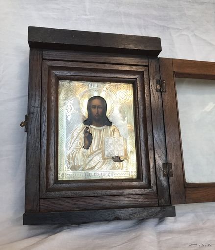 Старинная Икона, Господь Вседержитель, оклад серебро 84 пробы, Киот. Состояние Люкс!