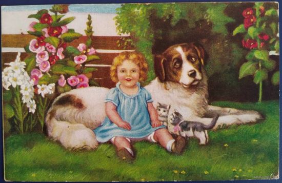 Девочка с сенбернаром и котятами. Flatscher Marie. Латвийское переиздание. 1930-е гг.