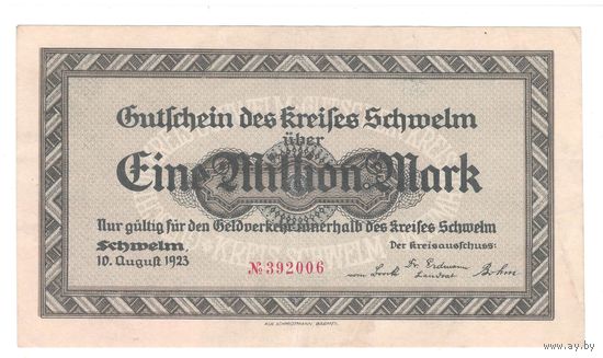 Германия Швельм 1 000 000 марок 1923 года. Состояние XF+/aUNC!