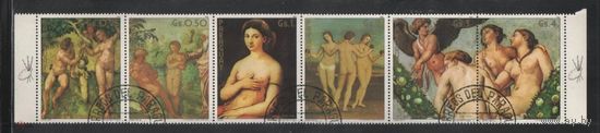 Парагвай. 1982. Искусство. Живопись Картины Рафаэля. Сцепка 6 марок (Mi.3546-3551), гашеная ((не разорвана, не согнута