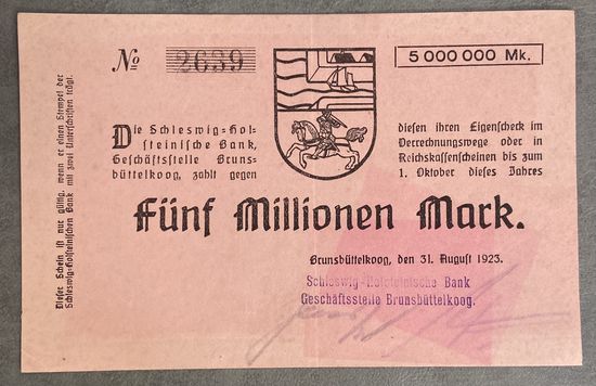 Банкнота 5 миллионов марок 1923 год. Шлезвиг-Гольштейнский банк. Веймарская республика . С рубля без МЦ.