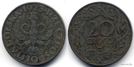 20 грошей 1923, Польша. Генеральная губерния - немецкая оккупация Польши в 1939-1945 гг. Редкое состояние для цинковой монеты