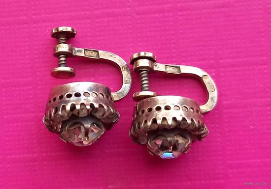 Клипсы-серьги "Малинка" - 875 пр., позолота, горный хрусталь, СССР.